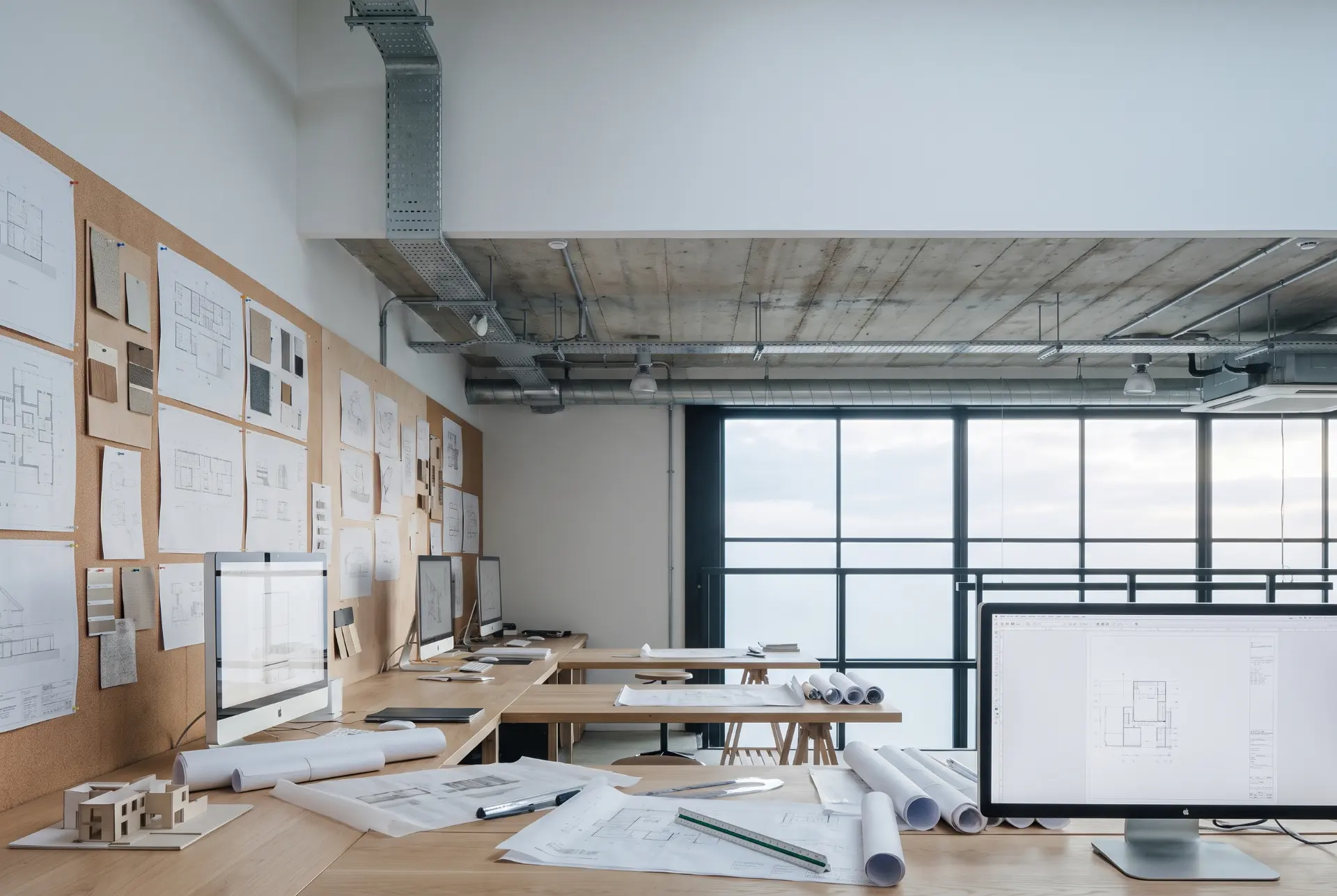 The Alder & Stone studio: long oak table under north light, drawings weighted down at the corners, timber models along the window wall.