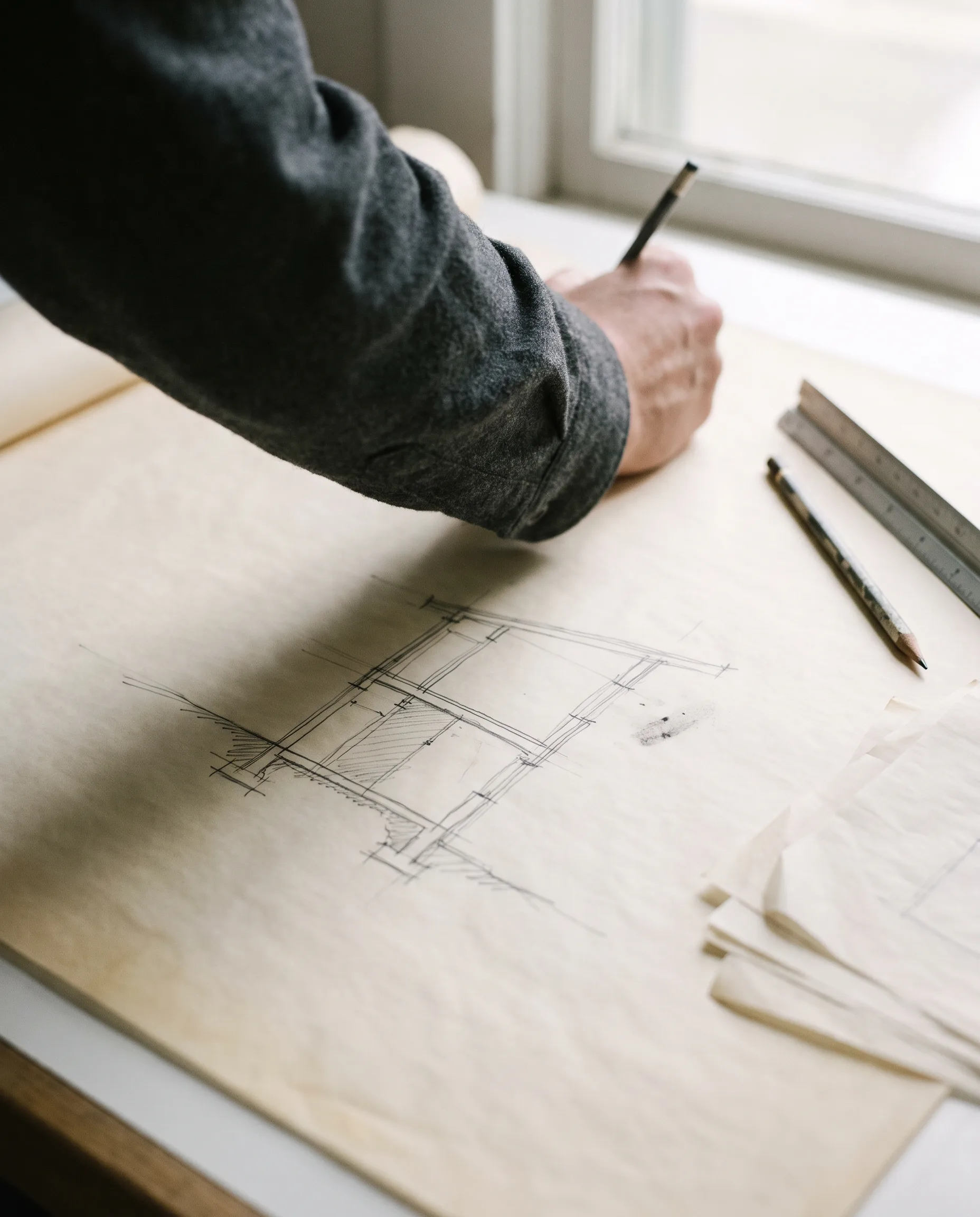 An architect drawing a section in pencil on trace, ruler and sharpened leads to one side.